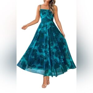 Teal Blue Floral Mesh Maxi Dress Spaghetti Straps Size Small